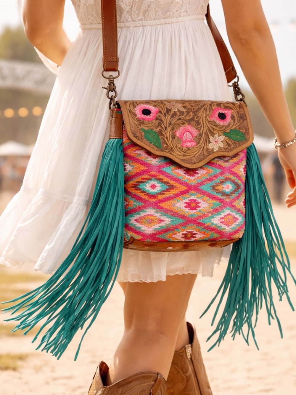 New Myra Bag Fringe Tooled Leather Handbag Western Boho Floral Turquoise